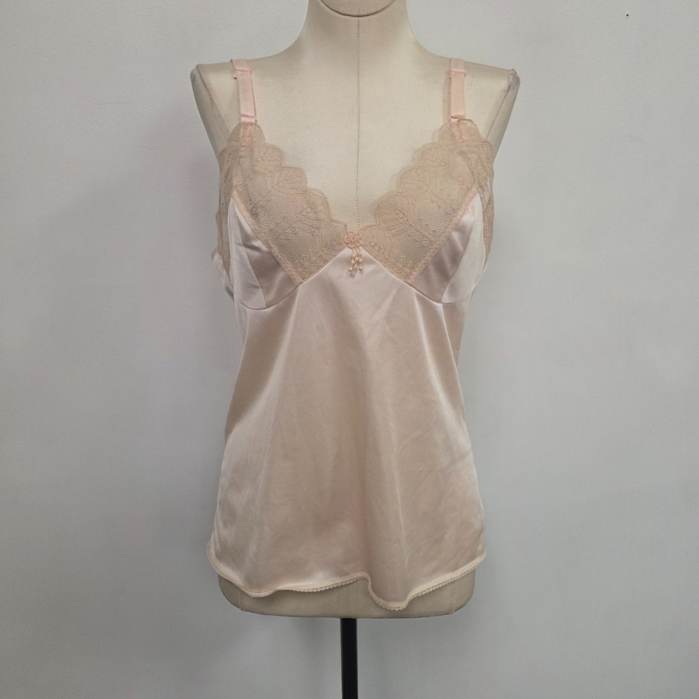 Vintage Sliperfection Lacey Slip Top Size 36 Pink Nude Bow Coquette Y2K Fairy